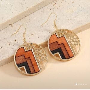 Gold and Wood Round Dangle Earrings